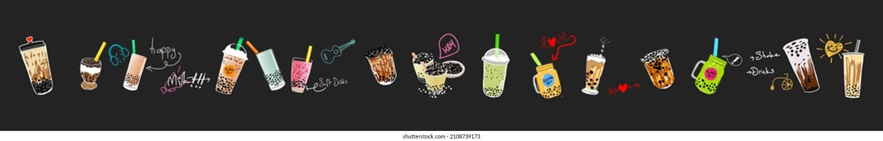 Bubble milk tea, Pearl milk tea , Different sorts of Boba. Yummy drinks. Ads with delicious tapioca.  Restaurant cafe menu, template design. Food flyer. Chalk board, retro menu restaurant poster. 