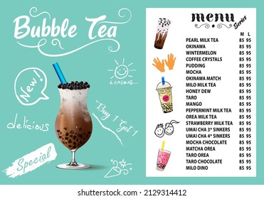 Bubble milk tea, Pearl milk tea , Different sorts of Boba. Yummy drinks. Ads with delicious tapioca.  Restaurant cafe menu, template design. Food flyer. Chalk board, retro menu restaurant poster. 