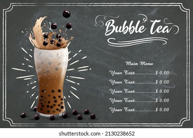 Té de leche de burbuja, té de leche de perla , Diferentes tipos de Boba. Bebidas deliciosas. Anuncios con deliciosa tapioca.  Menú de café restaurante, diseño de plantilla. Volante de comida. Cartel de alk, afiche del restaurante de menú retro. 