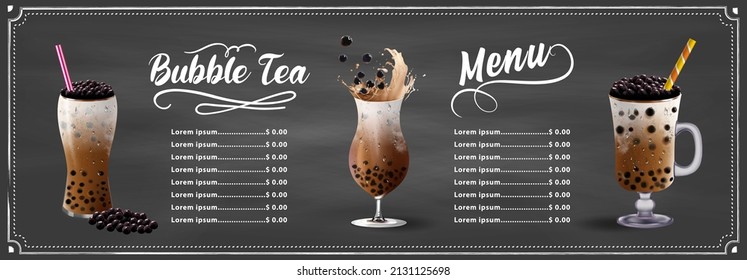 Bubble milk tea, Pearl milk tea , Different sorts of Boba. Yummy drinks. Ads with delicious tapioca.  Restaurant cafe menu, template design. Food flyer. Chalk board, retro menu restaurant poster. 