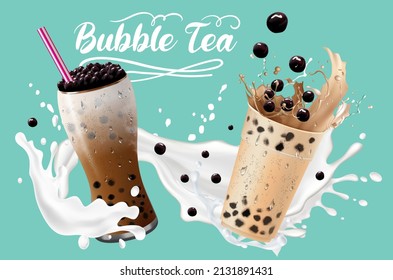 Té de leche de burbuja, té de leche de perla , Diferentes tipos de Boba. Bebidas deliciosas. Anuncios con deliciosa tapioca.  Menú de café restaurante, diseño de plantilla. Volante de comida. Cartel de alk, afiche del restaurante de menú retro. 