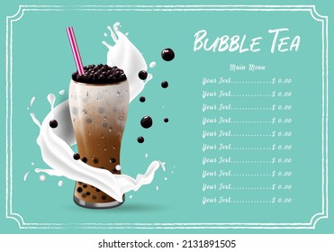 Bubble milk tea, Pearl milk tea , Different sorts of Boba. Yummy drinks. Ads with delicious tapioca.  Restaurant cafe menu, template design. Food flyer. Chalk board, retro menu restaurant poster. 