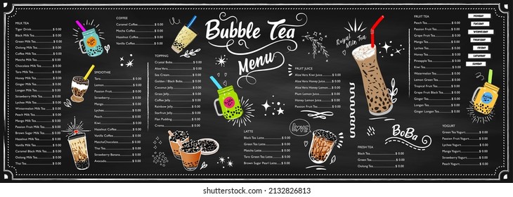 Bubble milk tea, Pearl milk tea , Different sorts of Boba. Yummy drinks. Ads with delicious tapioca.  Restaurant cafe menu, template design. Food flyer. Chalk board, retro menu restaurant poster. 