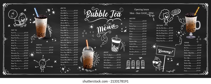 Bubble milk tea, Pearl milk tea , Different sorts of Boba. Yummy drinks. Ads with delicious tapioca.  Restaurant cafe menu, template design. Food flyer. Chalk board, retro menu restaurant poster. 