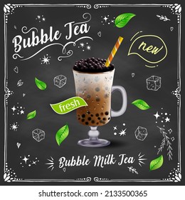 Bubble milk tea, Pearl milk tea , Different sorts of Boba. Yummy drinks. Ads with delicious tapioca.  Restaurant cafe menu, template design. Food flyer. Chalk board, retro menu restaurant poster. 