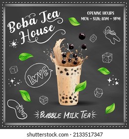 Bubble milk tea, Pearl milk tea , Different sorts of Boba. Yummy drinks. Ads with delicious tapioca.  Restaurant cafe menu, template design. Food flyer. Chalk board, retro menu restaurant poster. 