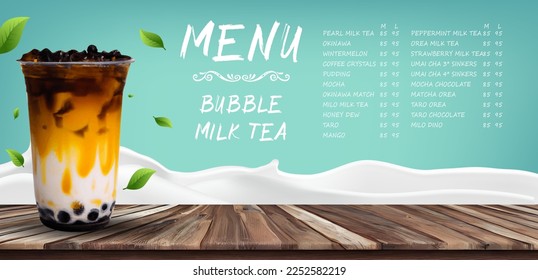 Bubble milk tea, Pearl milk tea , Different sorts of Boba. Yummy drinks. Ads with delicious tapioca. Restaurant cafe menu, template design.