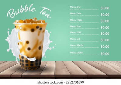 Bubble milk tea, Pearl milk tea , Different sorts of Boba. Yummy drinks. Ads with delicious tapioca. Restaurant cafe menu, template design.