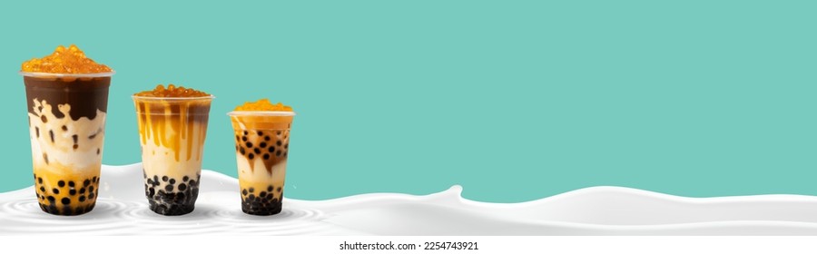 Bubble milk tea, Pearl milk tea , Different sorts of Boba. Yummy drinks. Ads with delicious tapioca. Restaurant cafe menu, template design.