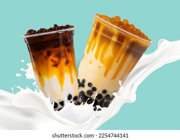 Bubble milk tea, Pearl milk tea , Different sorts of Boba. Yummy drinks. Ads with delicious tapioca. Restaurant cafe menu, template design.