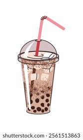 Bubble milk tea in a plastic cup with a straw. Delicious drink with tapioca and milk. Flat cartoon illustration isolated on white background