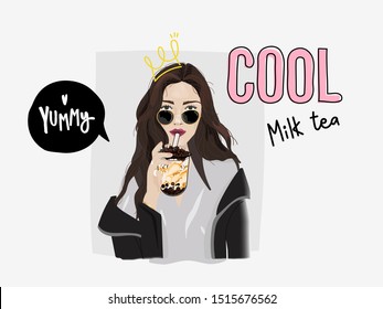 Bubble milk tea poster with girl and crown typography slogan yummy and cool milk tea, Taiwan milk tea banner and advertisement and t-shirt template -vector