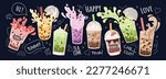 Bubble milk tea poster. Ice coffee cup, milkshake drink, food dessert chocolate mocha cream and cute smoothie isolated on black background. Cold summer beverages. Cartoon vector design
