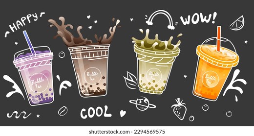 Bubble milk tea poster. Pearl milk tea , Boba milk tea, Yummy drinks. Horizontal summer banner. Vector illustration EPS10