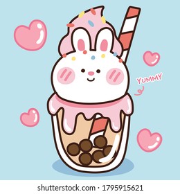 Bubble milk tea with rabbit face on blue background.Animal cartoon.Sweet dessert design.Taiwanese drinking.Baby product.Kawaii.Vector.Illustration.