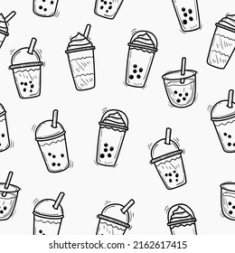 Bubble milk tea seamless pattern in cute doodle drawing style with a black and white color suitable for background