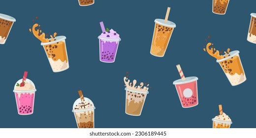 Patrón sin costuras de té de leche de burbuja. Té Boba con bolas de tapioca de fondo. Dibujo vectorial de dibujos animados de bebidas frías de Asia