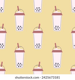 Bubble milk tea seamless pattern. Boba cocktail drink in cup background. Modern hand drawn pastel colored wrapping paper, fabric, textile, surface design