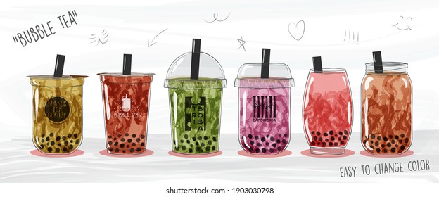 Bubble milk tea set collection. Easy to change color. Pre made logo's