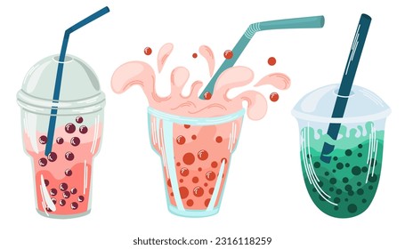 Bubble Milk Tea set. Different Milk tea with tapioca pearls. Boba tea. Asian Taiwanese drink. Hand drawn colored trendy vector illustration. 