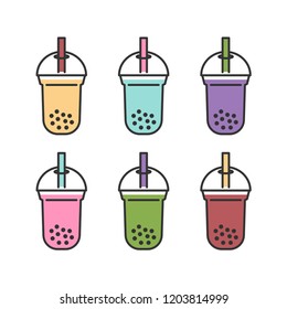 Bubble milk tea set, simple flat design. Isolate on white background.