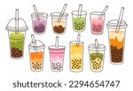 Bubble Milk Tea set. Milk tea with tapioca pearls. Boba tea. Asian Taiwanese drink. Hand drawn colored trendy vector. 