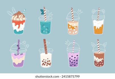 Juego de té de la leche de burbuja. Té de leche con perlas de tapioca. Té Boba. Bebida taiwanesa asiática. Ilustración del material vectorial de moda a mano.