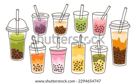 Bubble Milk Tea set. Milk tea with tapioca pearls. Boba tea. Asian Taiwanese drink. Hand drawn colored trendy vector. 
