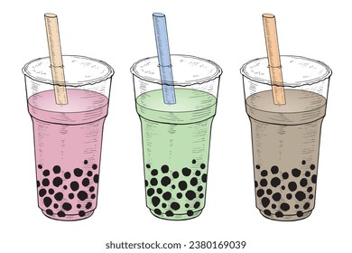 Bubble milk Tea Set. Vector illustration of drink with boba pearls. Hand drawn clipart on isolated background. Linear drawing of milkshake with tapioca. Asian beverage outline sketch. Black line art