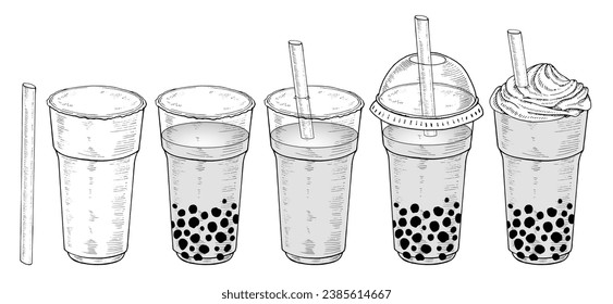 Blumenmilchtee-Set. Vektorgrafik von Drink mit Tapioca Perlen. Handgezeichnete Clipart auf isoliertem Hintergrund. Lineare Zeichnung des Boba Getränkes zum Menü. Skizze der Cocktails. Black Line Art