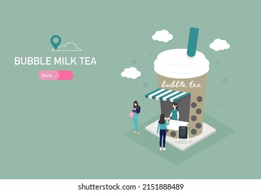 Bubble milk tea shop with customers two girl and seller. Present on decoration shop outdoor concept. 3d isometric banner vector illustration.