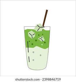 bubble milk tea or smooty in glass with ice, matcha latte. Vector illustration isolated. Can used for menu background, stiker, web icon. Suitable for kitchen, cafe design. 