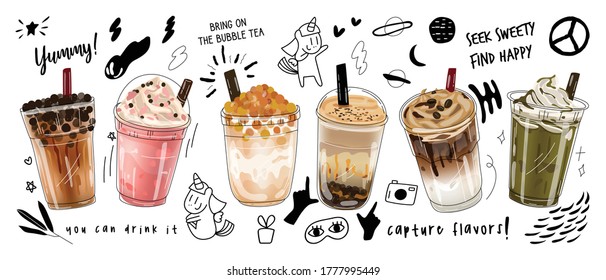 Bubble milk tea Special Promotions design, Boba milk tea, Pearl milk tea , Yummy drinks, coffees and soft drinks with logo and doodle style advertisement banner. Vector illustration. - Shutterstock ID 1777995449