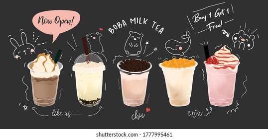 Bubble milk tea Special Promotions design, Boba milk tea, Pearl milk tea , Yummy drinks, coffees and soft drinks with logo and doodle style advertisement banner. Vector illustration.