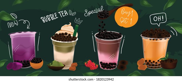 Bubble milk tea Special Promotions design, Boba milk tea, Pearl milk tea , Yummy drinks, coffees and soft drinks with logo and doodle style advertisement banner. Vector illustration.