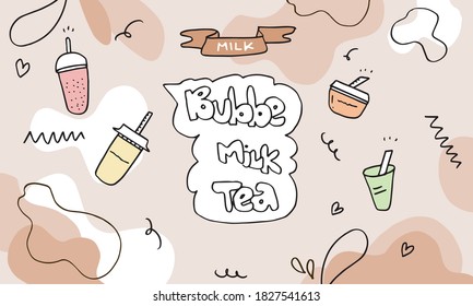 Té de leche de burbuja Diseño de promociones especiales, té de leche de Boba, té de leche de Perla, bebidas deliciosas, cafés y refrescos con logo y carteles publicitarios estilo doodle. Ilustración vectorial.