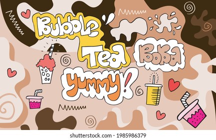 Bubble milk tea Special Promotions design, Boba milk tea, Pearl milk tea , Yummy drinks, coffees and soft drinks with logo and doodle style advertisement banner. Vector illustration.