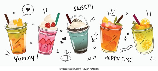 Bubble milk tea Special Promotions design, Boba milk tea, Pearl milk tea, Yummy drinks, coffees, sparkling soft drinks with logo and doodle style advertisement banner, poster. Vector illustration.