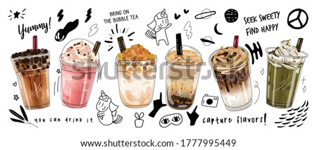 Bubble milk tea Special Promotions design, Boba milk tea, Pearl milk tea , Yummy drinks, coffees and soft drinks with logo and doodle style advertisement banner. Vector illustration.