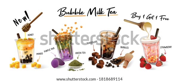 Bubble milk\
tea Special Promotions design, Boba milk tea, Pearl milk tea ,\
Yummy drinks, coffees and soft drinks with logo and doodle style\
advertisement banner. Vector\
illustration.