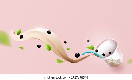 Bubble milk tea and splashing milk in composition of 3D. Vector illustration
