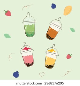 Bubble milk tea with straw color flat vector in cartoon style. Food and drink concept. Boba milk tea, pearl milk tea, boba tea.