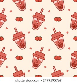 Bubble milk tea strawberry cartoon so cute. On heart background. Pattern seamless vector illustration. 