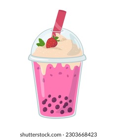 Té de leche de burbuja con fresa y perlas de tapioca sobre fondo blanco. batido de leche mami con ilustración del vector de berry