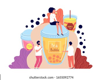 Bubble milk tea. Summer asian drinks. Male, female holding boba beverage. Flying tapioca balls, smoothie or ice taiwan shake vector concept