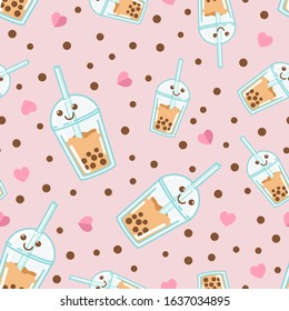 Bubble milk tea. A sweet cold drink with tapioca pearl balls. Asian street food from Taiwan. Funny mascot character with a smile. Seamless background with pattern. Seamless background with pattern.