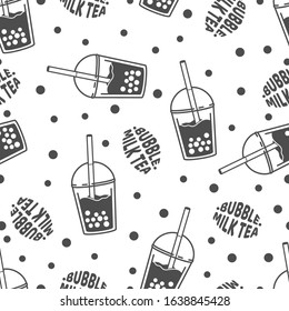 Bubble milk tea. A sweet cold drink with tapioca pearl balls. Asian street food from Taiwan. Black and white minimalistic flat design. Seamless background with pattern.
