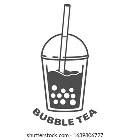 Bubble milk tea. A sweet cold drink with tapioca pearl balls. Asian street food from Taiwan. Black and white minimalistic flat design. Isolated cartoon illustration