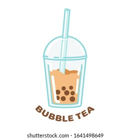 Bubble milk tea. A sweet cold drink with tapioca pearl balls. Asian street food from Taiwan. Isolated cartoon illustration.