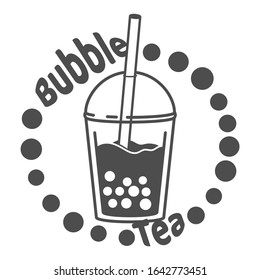 Bubble milk tea. A sweet cold drink with tapioca pearl balls. Asian street food from Taiwan. Black and white minimalistic flat design. Isolated cartoon illustration